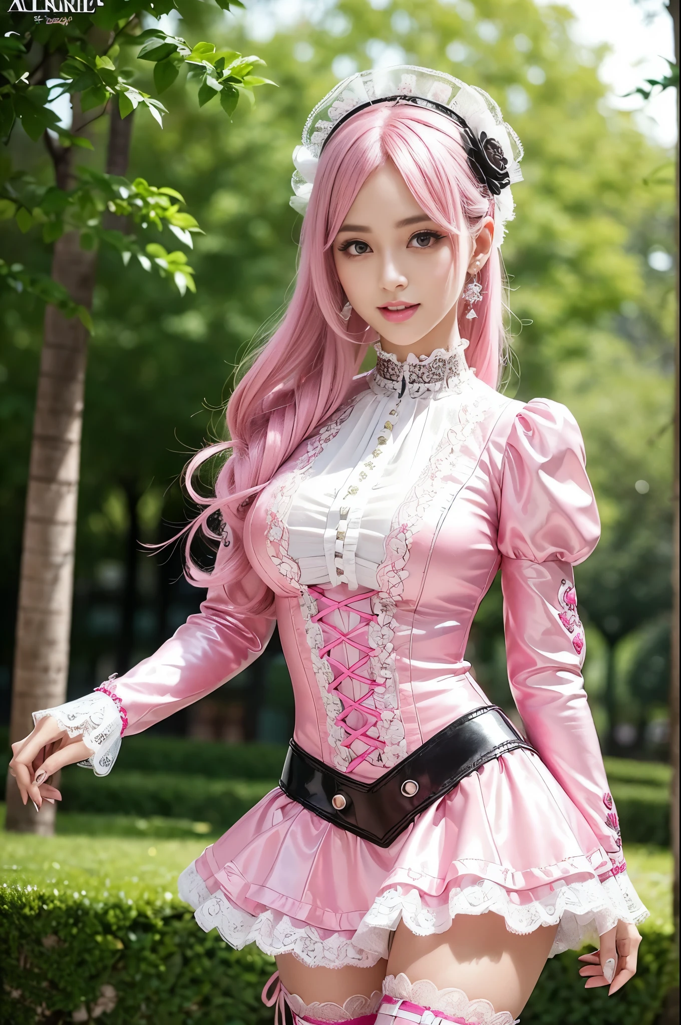 sexy stylish Swedish model, only 1 female, ((doll-like appearance)), long neon pink stylish hair, ((shiny Victorian-Style boots)), (big smile), ultra detailed eyes, very detailed eye makeup, lipgloss, long lashes, defined eyebrows, ((sexy Paradise Kiss cosplay)), bell-shaped skirt, petticoats, high neckline, puffed sleeves, ((ultra detailed lace)), ((ultra detailed embroidery)), intricate details, Paradise Kiss accessoires and matching headpiece, choker, ((large sparkling Paradise Kiss jewelry)), cinematic light, detailed large park background with trees