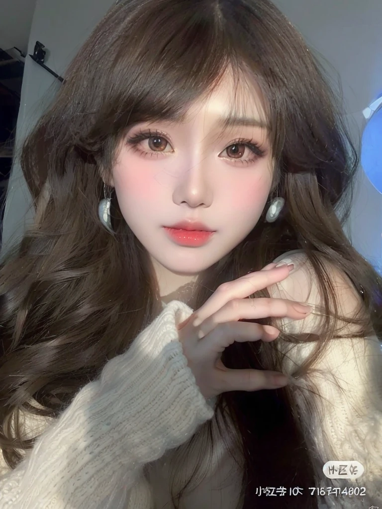 A close-up of a woman with long hair and a white sweater, ulzzang, Retrato realista kawaii, Cara linda clara, Sakimichan, Ojos grandes y cabello largo y suelto, muy hermosa linda catgirl, brown hair and large eyes, Dulce conejita ultrarrealista, con cabello largo y ojos penetrantes, Tendencias en CGVeStation, Articulated doll with ball, wonyoung ive, yuna itzy