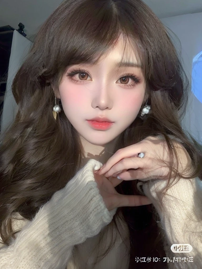 A close-up of a woman with long hair and a white sweater, ulzzang, Retrato realista kawaii, Cara linda clara, Sakimichan, Ojos grandes y cabello largo y suelto, muy hermosa linda catgirl, brown hair and large eyes, Dulce conejita ultrarrealista, con cabello largo y ojos penetrantes, Tendencias en CGVeStation, Articulated doll with ball, wonyoung ive, yuna itzy