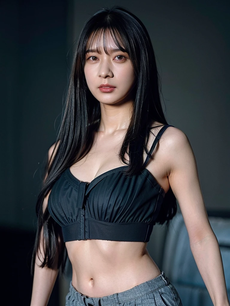 black hair, shy, Surrealism, Hyperrealism, upside-down, bokeh, Sony FE GM, 8k, super detail, retina, masterpiece, accurate, anatomically correct, textured skin, super detail, high quality, high details, award winning, best quality, highres, 16k, (((height 163cm))), (HQ skin:1.4, Realistic human body structure), (((Detailed micro bra, short pants)))), (natural big breast).