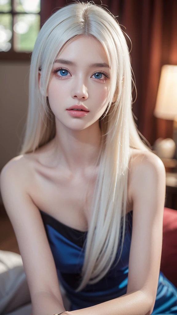 a beautiful detailed 1girl, extremely detailed eyes and face, long silky white hair, beautiful blue eyes, looking at viewer, realistic, photorealistic, photo-realistic, HDR, 8k, high quality, masterpiece, professional, ultra-detailed, vivid colors, studio lighting, physically-based rendering,Room background
