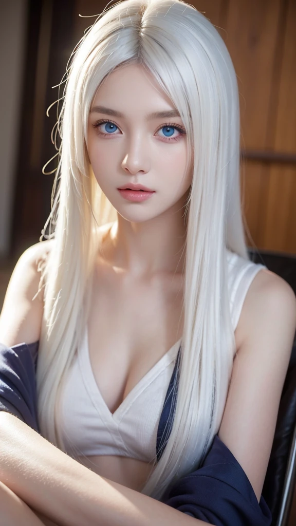 a beautiful detailed 1girl, extremely detailed eyes and face, long silky white hair, beautiful blue eyes, looking at viewer, realistic, photorealistic, photo-realistic, HDR, 8k, high quality, masterpiece, professional, ultra-detailed, vivid colors, studio lighting, physically-based rendering,Room background