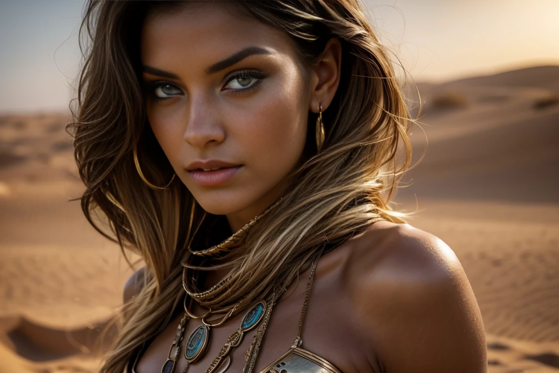 in the context of the desert, a woman walks with purpose, His clothes dancing in the wind as he goes. A powerful leopard walks by his side, a symbol of their fierce determination and resilience. cleopatra style, whole body, araffada muscular woman, a beautiful woman dressed as a nomad emerges, post-apocalyptic clothing. Layers of tattered fabric, unconventional accessories, and a worn appearance create an aura of survival and resistance.. Amazing beauty, Amazing beauty, attractive face and body, Attractive woman, a beautiful brunette, beautiful blonde girl, Lovely woman, beautiful woman, hermosa beautiful woman, Beautiful blonde woman, beautiful body and face, beautiful detailed body and face, a beautiful young woman, neckline,