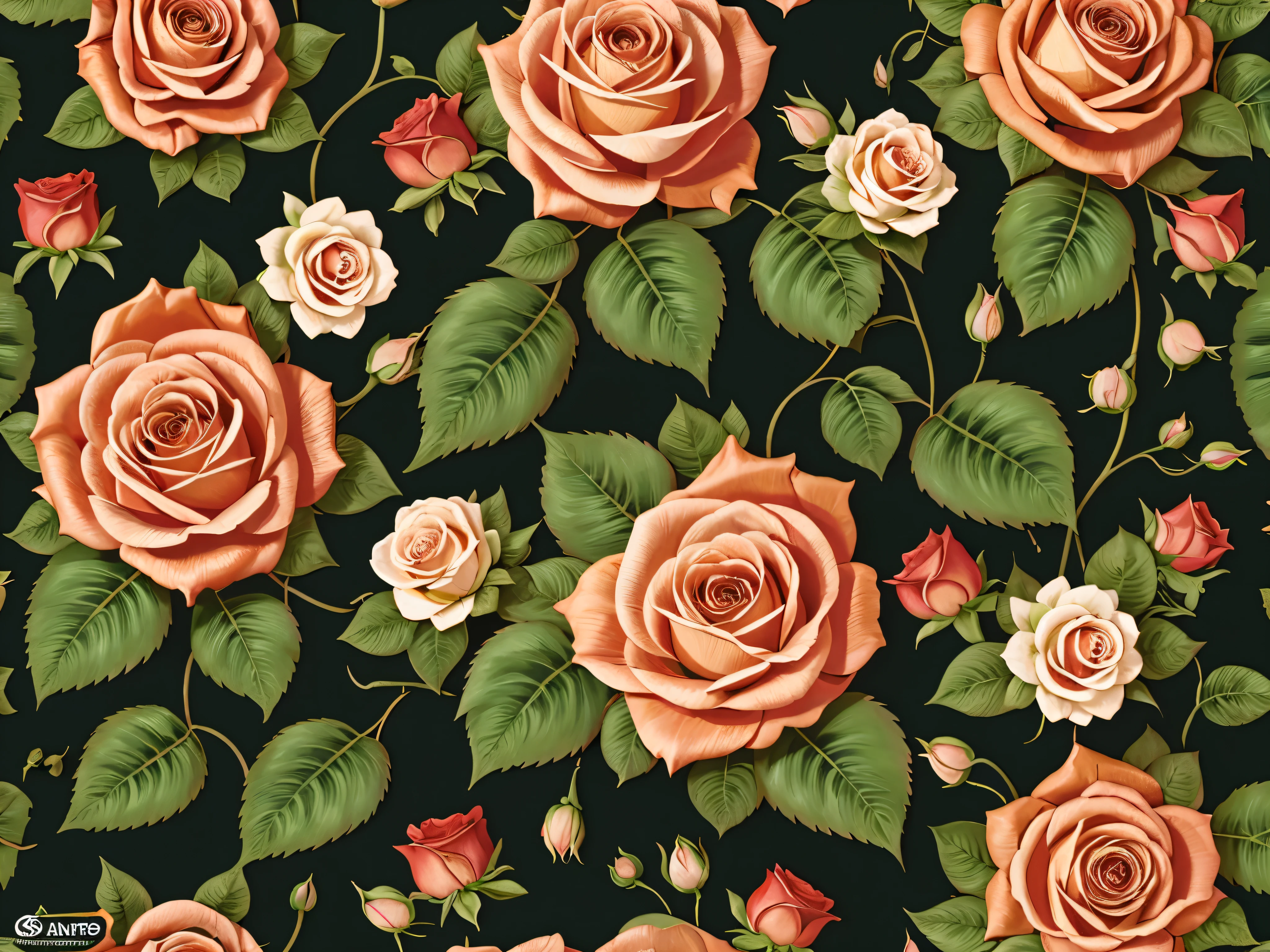 seamless floral pattern, roses, high quality, intricate detail, vibrant colors, lush composition, elegant, beautiful, delicate petals, realistic rendering, photorealistic, 8k, 3d, studio lighting, glossy, seamless tiling, ornate, botanical, nature inspired, exquisite, masterpiece