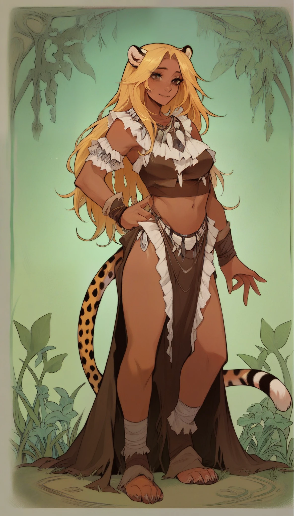 score_9, score_8_up, score_7_up, score_6_up, score_5_up, score_4_up, 
female, (cheetah tabaxi), long hair, dark_skin, dark_skinned_female, blonde hair, brown eyes, eyelashes, frills, tribal outfit, light smile,
Full body standing painting, (((solo))), Simple line design, ((tarot card background, symmetric beauty)), perfectly symmetrical, The art of symmetry, Standing drawings of characters, ((flatcolors)), tmasterpiecetop Qualities qualtiy