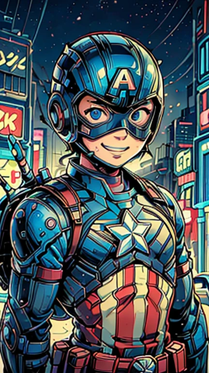 (8k),(masterpiece),(Japanese),(-yeld bo((innocent look)),((Childish)),From the front,smile,cute,Innocent,Kind eyes,Flat chest, Captain America, Blue Helmet, Blue Domino Mask,Short,Hair covered by helmet,Blonde Hair,Strong wind,night,dark, Neon light cyberpunk city