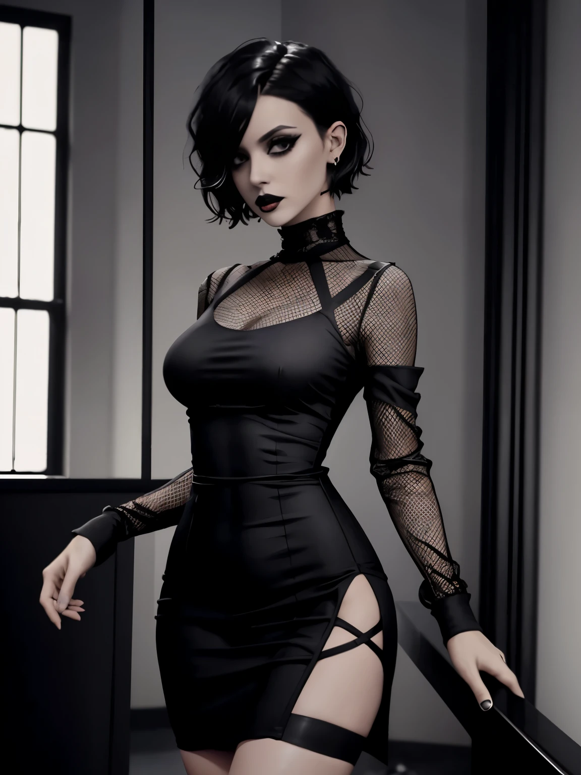 1girl, goth, black bodycon dress, mesh sleeves, short hair, messy hair, bedhead, tight dress, tight clothing, standing, looking at viewer, black eyes, black stockings, black lips, black lipstick, eyeliner, skinny, hourglass figure, wasp waisted