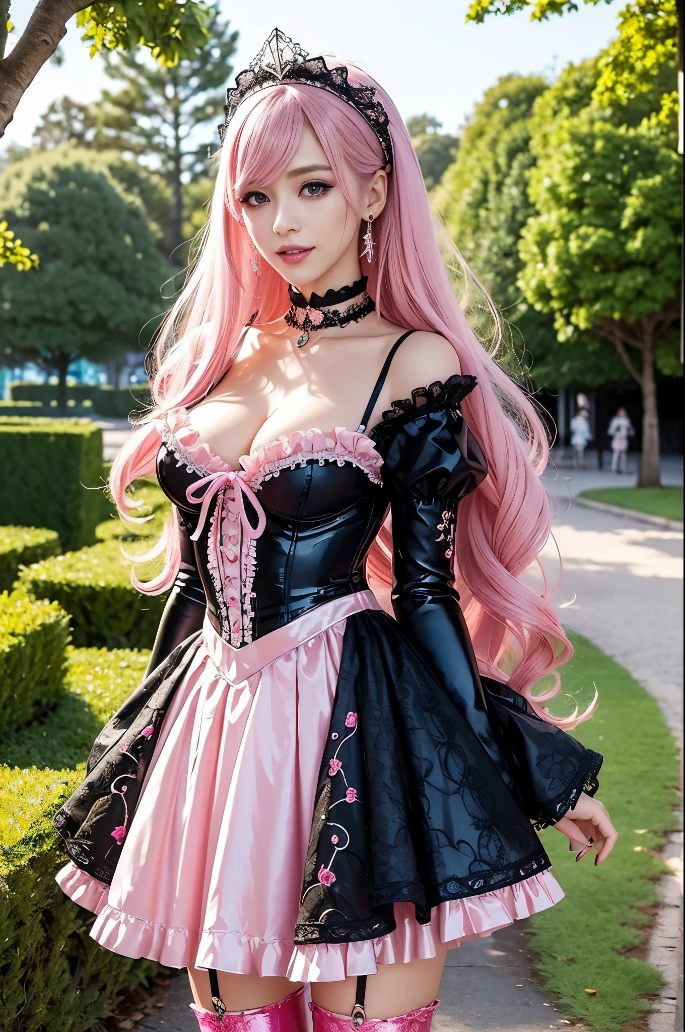 sexy stylish Swedish model, only 1 female, ((doll-like appearance)), long neon pink stylish hair, ((shiny Victorian-Style boots)), (happy smile), ultra detailed eyes, very detailed eye makeup, lipgloss, long lashes, defined eyebrows, ((sexy Paradise Kiss cosplay)), bell-shaped skirt, petticoats, high neckline, puffed sleeves, ((ultra detailed lace)), ((ultra detailed embroidery)), intricate details, Paradise Kiss accessoires and matching headpiece, choker, ((large sparkling Paradise Kiss jewelry)), cinematic light, detailed large park background with trees