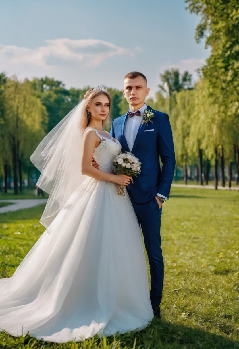 A vivid high-quality photo depicting a young Slavic couple of newlyweds, a brutal groom and a charming bride, against the background of a park