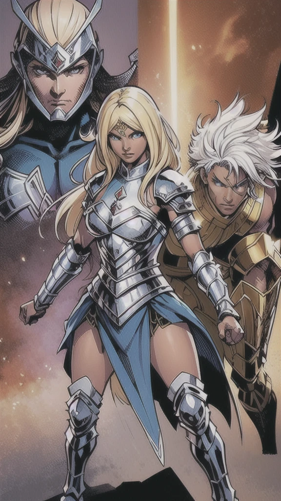 Anime, medieval fantasy style. A Girl, 25 years old, royal knight, Paladin silver armor, beautiful but severe face, detailed face, ((dark skin)), light blue eyes, detailed eyes, African American, semi-updo blonde afro hair, detailed body, ((fantasy shield in the left hand)), ((sword long in the right hand)), simple battlefield background, ((dynamic battle pose)), tense expression, ((full body)). Detailed character, extreme attention to detail.