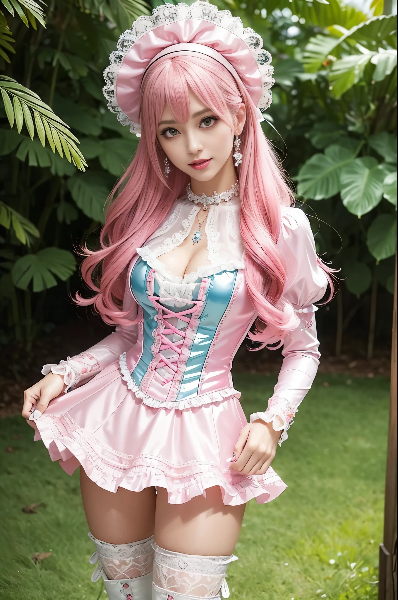 sexy stylish Swedish model, only 1 female, ((doll-like appearance)), long neon pink stylish hair, ((shiny Victorian-Style boots)), (happy smile), ultra detailed eyes, very detailed eye makeup, lipgloss, long lashes, defined eyebrows, ((sexy Paradise Kiss cosplay)), bell-shaped skirt, petticoats, high neckline, puffed sleeves, ((ultra detailed lace)), ((ultra detailed embroidery)), intricate details, Paradise Kiss accessoires and matching headpiece, choker, ((large sparkling Paradise Kiss jewelry)), cinematic light, detailed large park background with trees