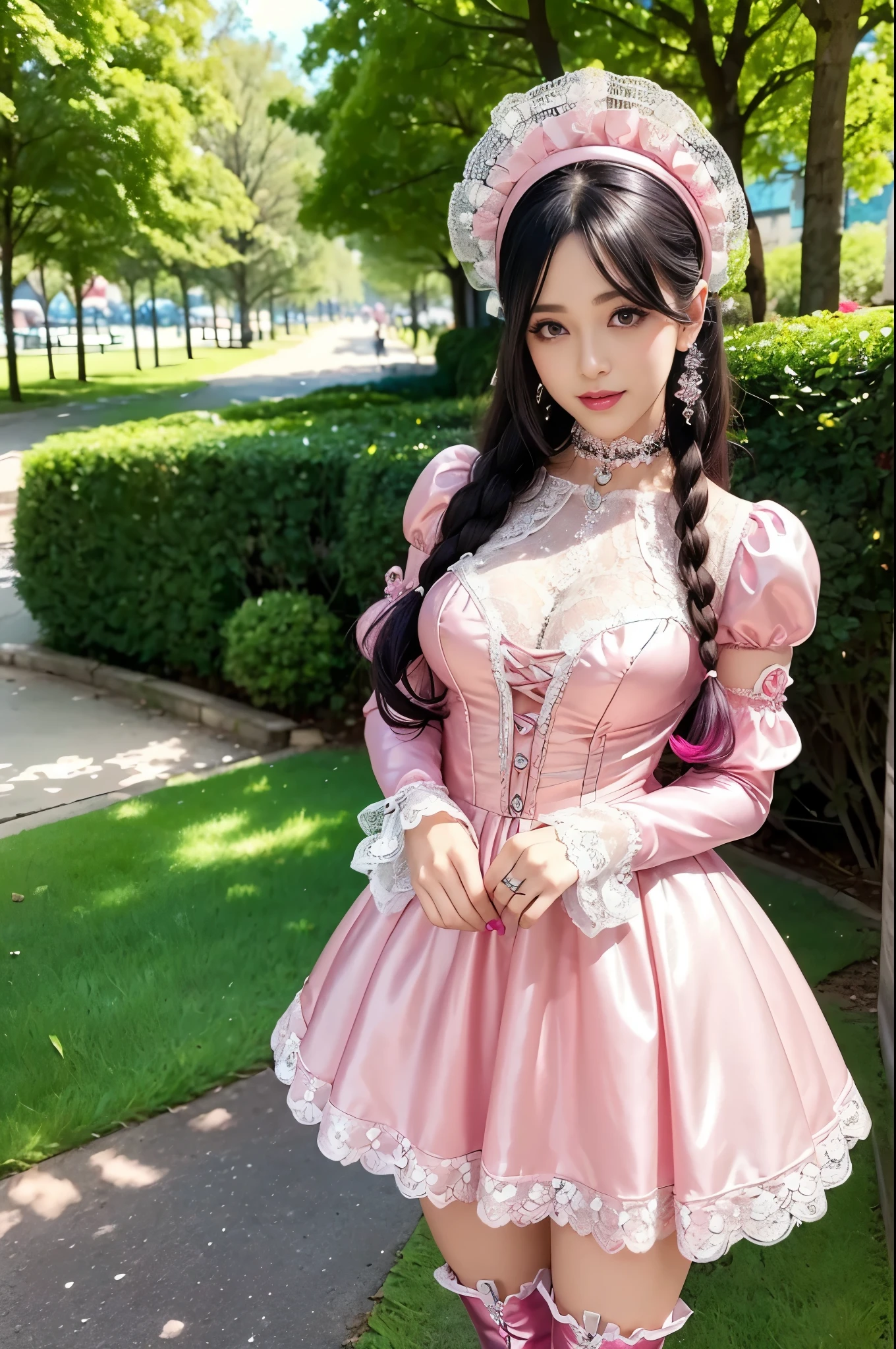 sexy stylish Swedish model, only 1 female, ((doll-like appearance)), long neon pink stylish hair, ((shiny Victorian-Style boots)), (happy smile), ultra detailed eyes, very detailed eye makeup, lipgloss, long lashes, defined eyebrows, ((sexy Paradise Kiss cosplay)), bell-shaped skirt, petticoats, high neckline, puffed sleeves, ((ultra detailed lace)), ((ultra detailed embroidery)), intricate details, Paradise Kiss accessoires and matching headpiece, choker, ((large sparkling Paradise Kiss jewelry)), cinematic light, detailed large park background with trees