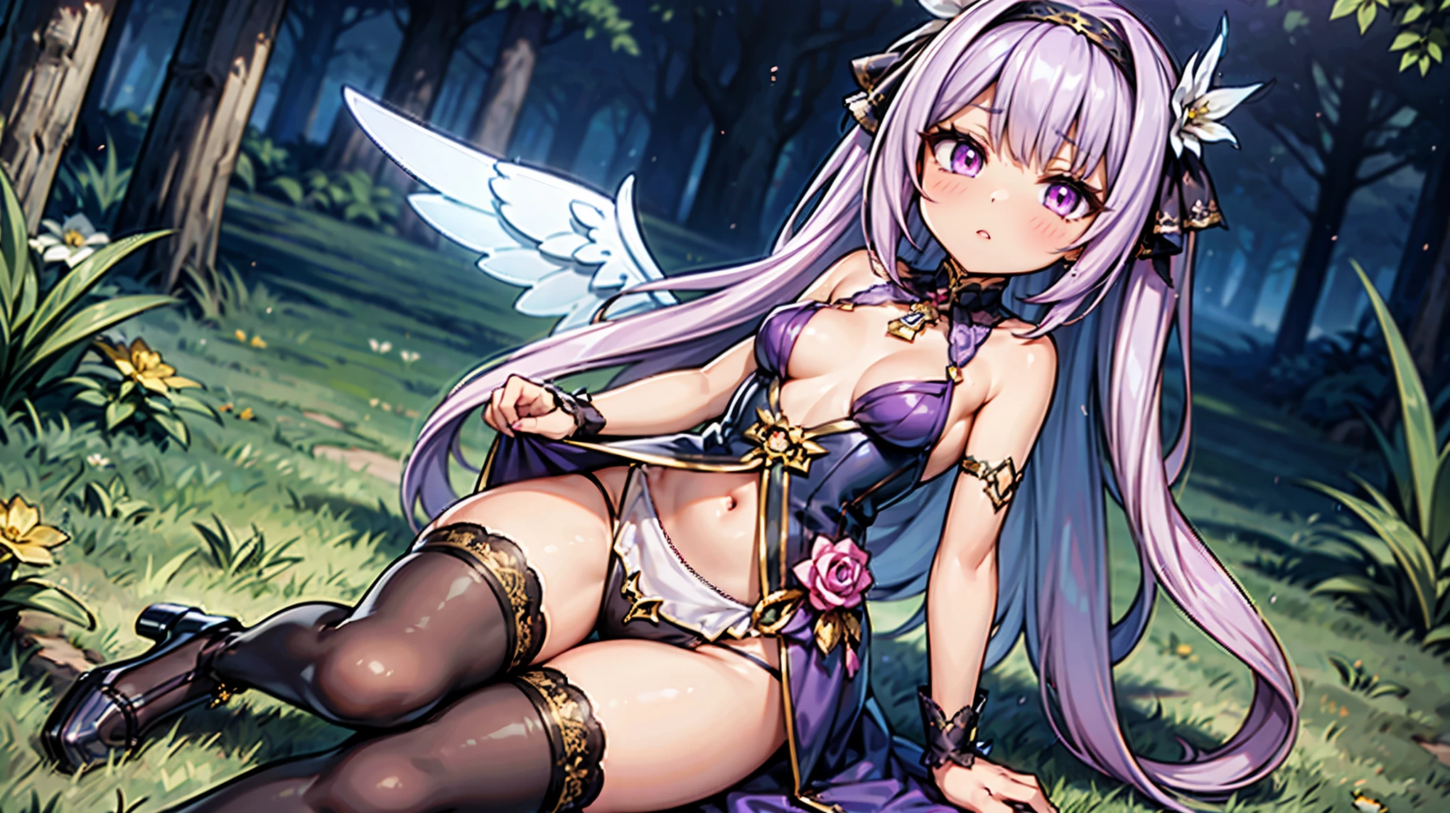 ( high quality , Super detailed, Watch your hands )This character is a beautifully designed anime-like character with delicate features. She has long, pastel pink hair that flows down to her ankles, with bangs swept to the side. Her eyes are large and expressive, with pink irises, which are commonly seen in anime-style characters. She is wearing a fantasy-inspired outfit that combines purple and black colors with gold accents. The outfit includes a form-fitting bodice with a high collar, frills, lace details, and thigh-high stockings with ribbon lacing. The character is adorned with ribbon-like accessories, such as a large bow in her hair and smaller bows on her outfit. She also has gold chains hanging from her waist and thigh. Her pose is playful, with one leg lifted slightly and a finger held to her lips, suggesting a secret or silence. Additionally, she has two elaborate wings, possibly mechanical or magical in nature, with multiple segments and a circular design near the base. The character is depicted in a vibrant scene with flowers matching her hair color, patches of grass, and a gemstone on the ground, creating a whimsical and otherworldly atmosphere. ((masterpiece, highest quality)),Best aesthetics,One girl, alone, flower, ribbon, white rose, Javelin (azur lane), purple hair, long hair, dark purple hairband, mechanical lance, light blue and red odd eyes, white, light blue and purple dress, transparent light blue arm ornament, lilac ribbon , small breasts,Only one side wing,Chibi Character