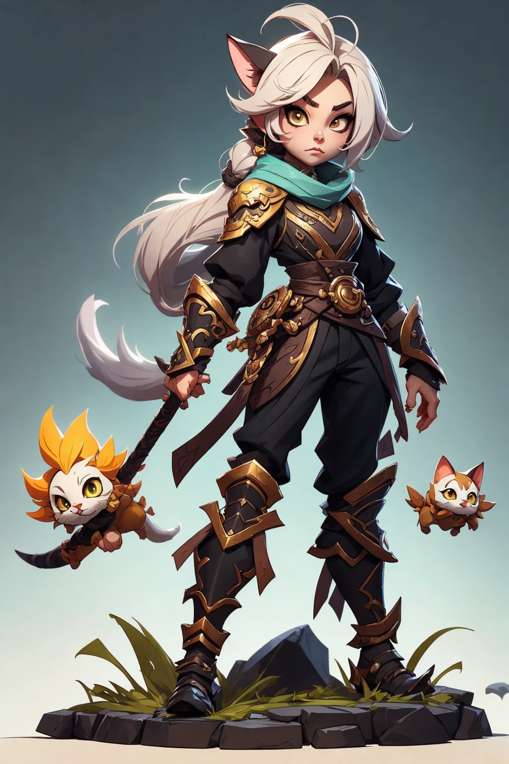 a cat warrior character,  inspired by Lü Bu, full body, chibi, advanced digital chibi art, g liulian art style, maplestory mouse, bian lian, chibi art, league of legends art style, character art of maple story, ((view at the viewer)), PASTEL COLOR