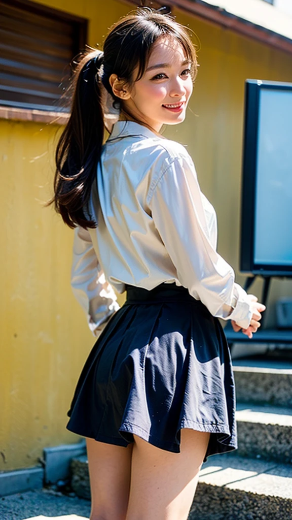 (masterpiece, highest quality, High resolution, 超High resolution, Perfect Pixel, Depth of written boundary, 4K, RTTX 10.0, High resolution))), (One woman:1.3), (Cowboy shots: 1.5) Beautiful Anime Women, Beautiful art style, Anime characters, (, ((Detailed face:1.2)), ((Smooth texture:0.75, Realistic texture:0.5, Anime CG Style)), (Maximum resolution: 1.2), (Ultra HD TV: 1.2), Cinema Lighting, ((highest quality)), ((masterpiece)), (High resolution), 8K, Best Shadow, The best natural light, Cinematic, (Adult woman climbing the stairs), (brown hair,)、Looking back, bashful、ponytail, (blazer, Brown cardigan, White shirt, Checkered Skirt))、(Navy blue socks)、((Rear view))、Angle from the bottom of the back、Manga panel layout、Cartoon style、Manga Design、Station stairs、(Skirt flipped up by strong wind, A perfect skirt of uniform length:1.4), Stylish white satin panties, Slender body,Beautiful thighs, Embarrassed look,(looking down:1.5),(Chuckle-Smile:1.5),