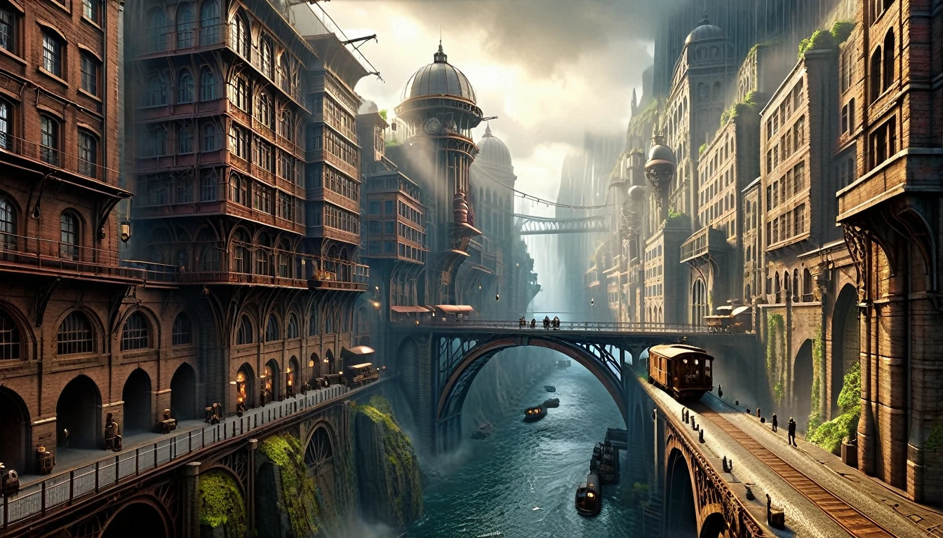 ((masterpiece)),((best quality)),((high detial)),((realistic,)) Industrial age city, deep canyons in the middle, architectural streets, bazaars, Bridges, rainy days, steampunk, European architecture