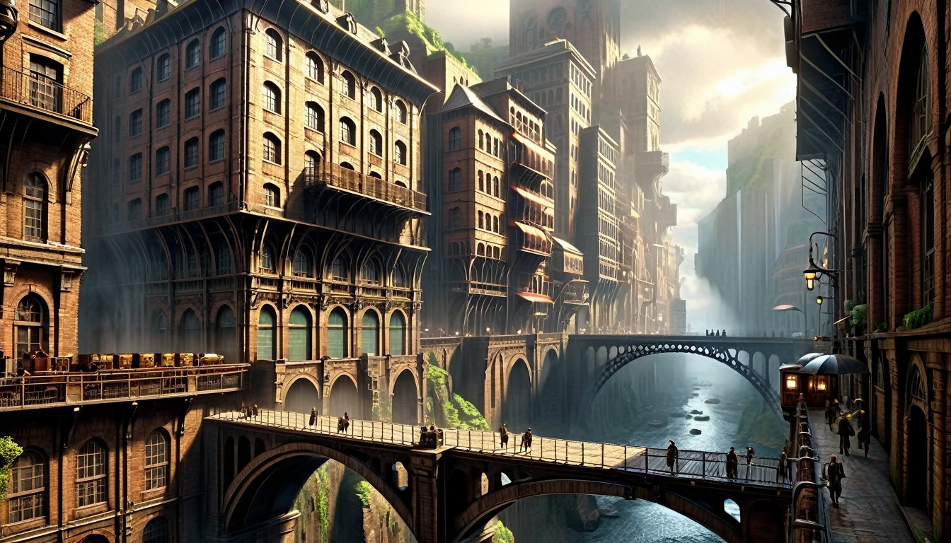 ((masterpiece)),((best quality)),((high detial)),((realistic,)) Industrial age city, deep canyons in the middle, architectural streets, bazaars, Bridges, rainy days, steampunk, European architecture