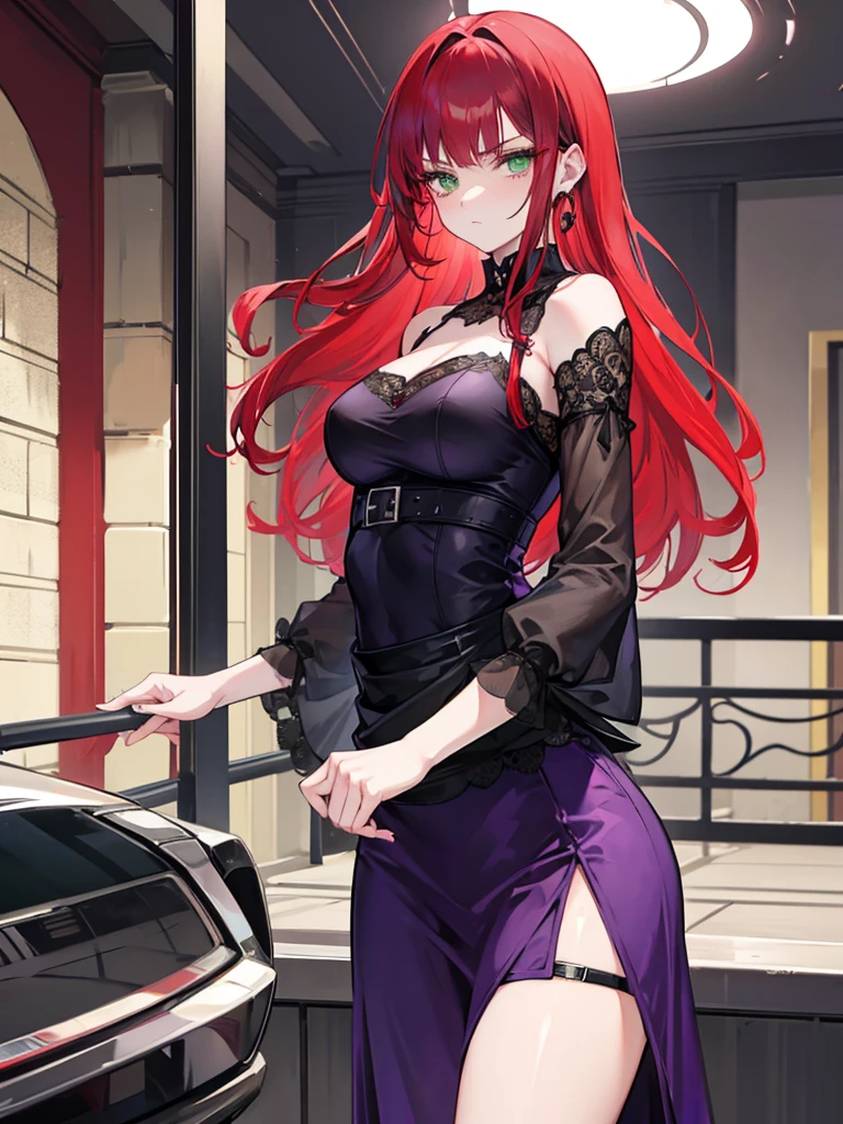 woman, green eyes, long red hair, bangs. she hair wavy. wear purple black dress, arrogant, independent woman, thug. bad girl. intimidating women. background in ballroom. mature woman. mafia.