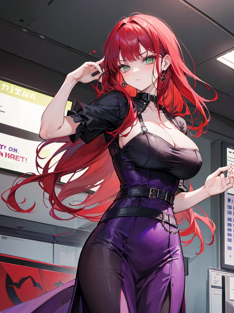 woman, green eyes, long red hair, bangs. she hair wavy. wear purple black dress, arrogant, independent woman, thug. bad girl. intimidating women. background in ballroom. mature woman. mafia.