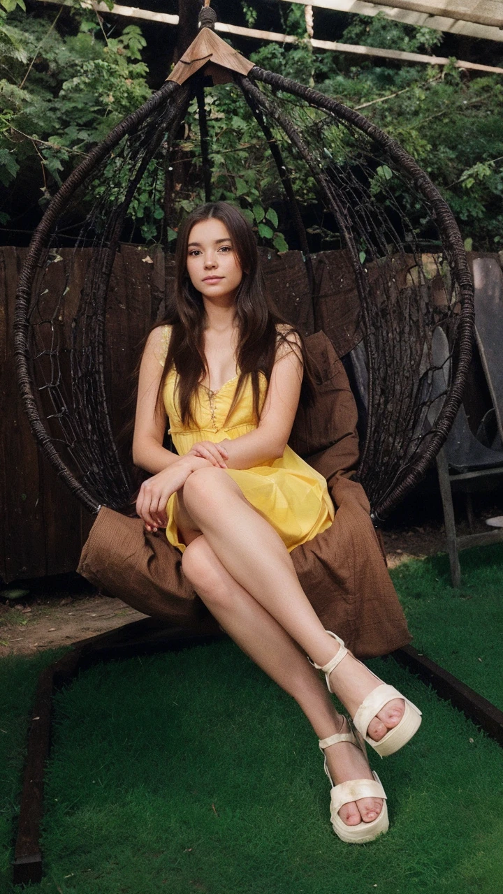 Beautiful girl with long hair sits in the forest in a beautiful fairy dress