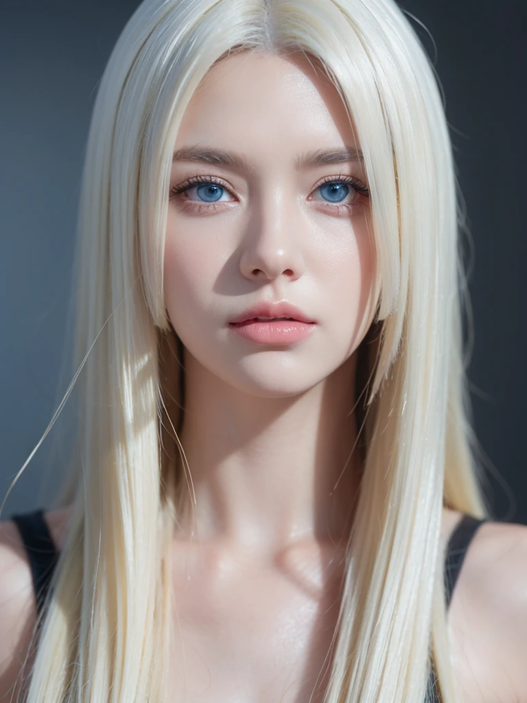 a beautiful detailed 1girl, extremely detailed eyes and face, long silky white hair, beautiful blue eyes, looking at viewer, realistic, photorealistic, photo-realistic, HDR, 8k, high quality, masterpiece, professional, ultra-detailed, vivid colors, studio lighting, physically-based rendering,Room background