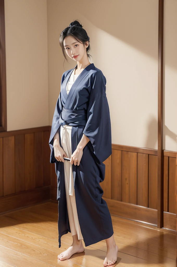 (((best quality))),(((ultra detailed))),(((masterpiece))),illustration,1girl,solo,short ponytail,slim,thin,small breasts,flat chest,white collar,white kendogi,three-quarter sleeves,maxi navy-blue kendo hakama,slender legs,standing in kendo gym,(holding a bokuto:1.3),arms behind back,focused and determined expression,ready for challenge,slender and elegant face,confident and resilient,fair skin,blush,neat teeth,bright smile,clean and tidy uniform,wooden gym floor,wall,pine scent,standard grip,ready to slice through obstacles,strong belief,determination,spirit of resilience,admiring,from front,full body,bare feet