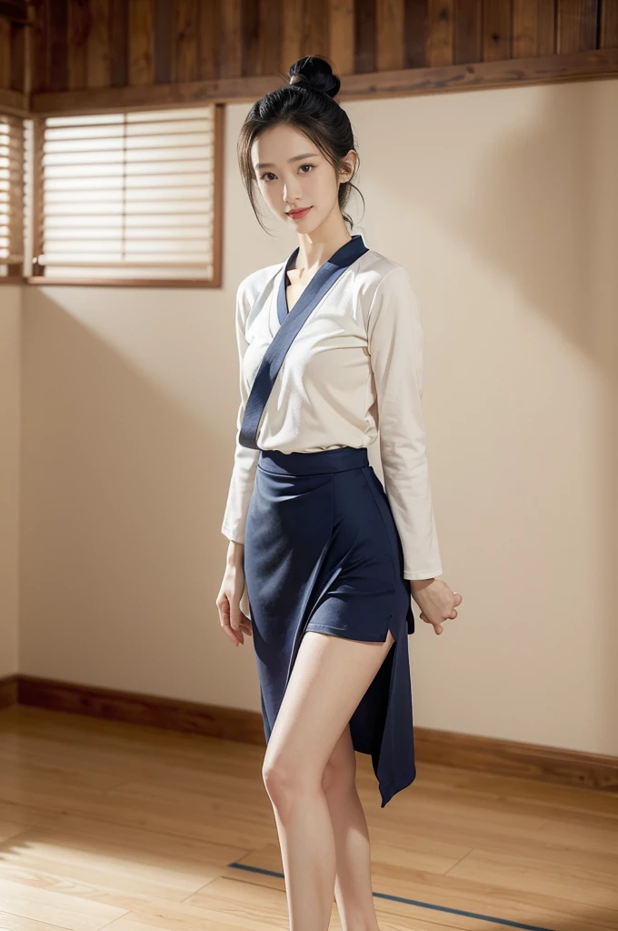 (((best quality))),(((ultra detailed))),(((masterpiece))),illustration,1girl,solo,short ponytail,slim,thin,small breasts,flat chest,white collar,white kendogi,three-quarter sleeves,maxi navy-blue kendo hakama,slender legs,standing in kendo gym,(holding a bokuto:1.3),arms behind back,focused and determined expression,ready for challenge,slender and elegant face,confident and resilient,fair skin,blush,neat teeth,bright smile,clean and tidy uniform,wooden gym floor,wall,pine scent,standard grip,ready to slice through obstacles,strong belief,determination,spirit of resilience,admiring,from front,full body,bare feet