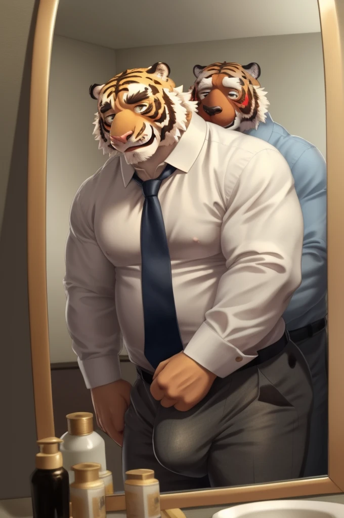 Author: bontiage, (2 boy), tiger, big bulge crotch, boner, pants, long sleeve plain shirt, necktie, Men's Second, kemono, hot body, muscle, Beautiful, sexual, Attractive guy, (Detailed black eyes), brows, (masterpiece, A high resolution, Best quality), 4K, a male, Beautiful shadow, (red cheek:1.5), (large wall-mounted mirror), (reflection is in the mirror:1.4), (in front of mirror), (facing the mirror), (looking the mirror), (from behind:1.5)