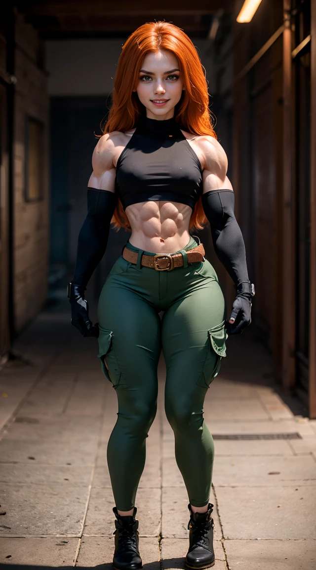 (Muscular:2), (thick thighs:1.9),
(long hair:1.3) orange-red hair, green eyes, confident expression, pale skin,
eyeshadow,
detailed eyes, (cheeky smirk:1.6), detailed skin,
small breasts, hard nipples,
(black crop top, black gloves, brown belt, long sleeves:1.3), (green cargo pants:1.4),
(upper body view:1.7), looking at viewer, (three quarter view:1.3),
(high tech room), rim lighting, two tone lighting, dimly lit, bokeh