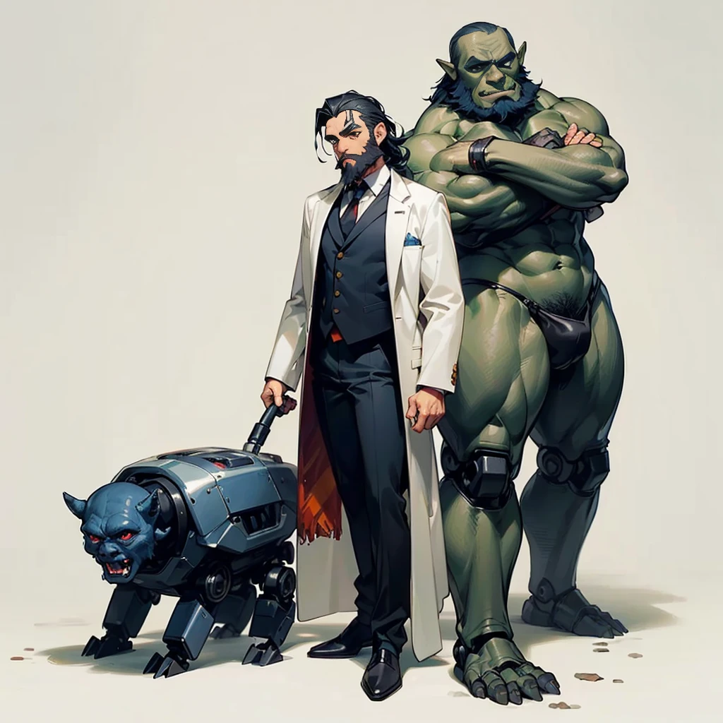 full body version, 1man, middle-aged, professor, short height, small legs, white coat, black pants, black eyes, black hair, loose hair, yellow skins, square head, beard, a symbol on his forehead, black handkerchief, Grassroots, (Has a pet orc with a robotic body, full body version, red skin, blue eyes)
