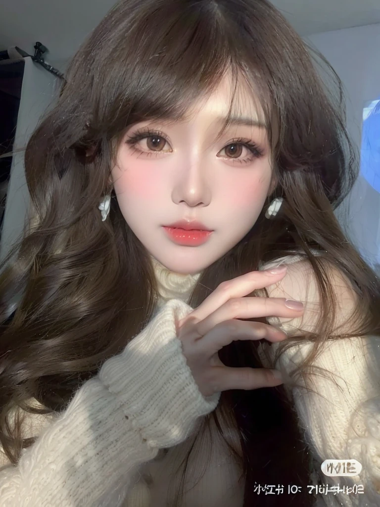 A close-up of a woman with long hair and a white sweater, ulzzang, Retrato realista kawaii, Cara linda clara, Sakimichan, Ojos grandes y cabello largo y suelto, muy hermosa linda catgirl, brown hair and large eyes, Dulce conejita ultrarrealista, con cabello largo y ojos penetrantes, Tendencias en CGVeStation, Articulated doll with ball, wonyoung ive, wonyoung izone