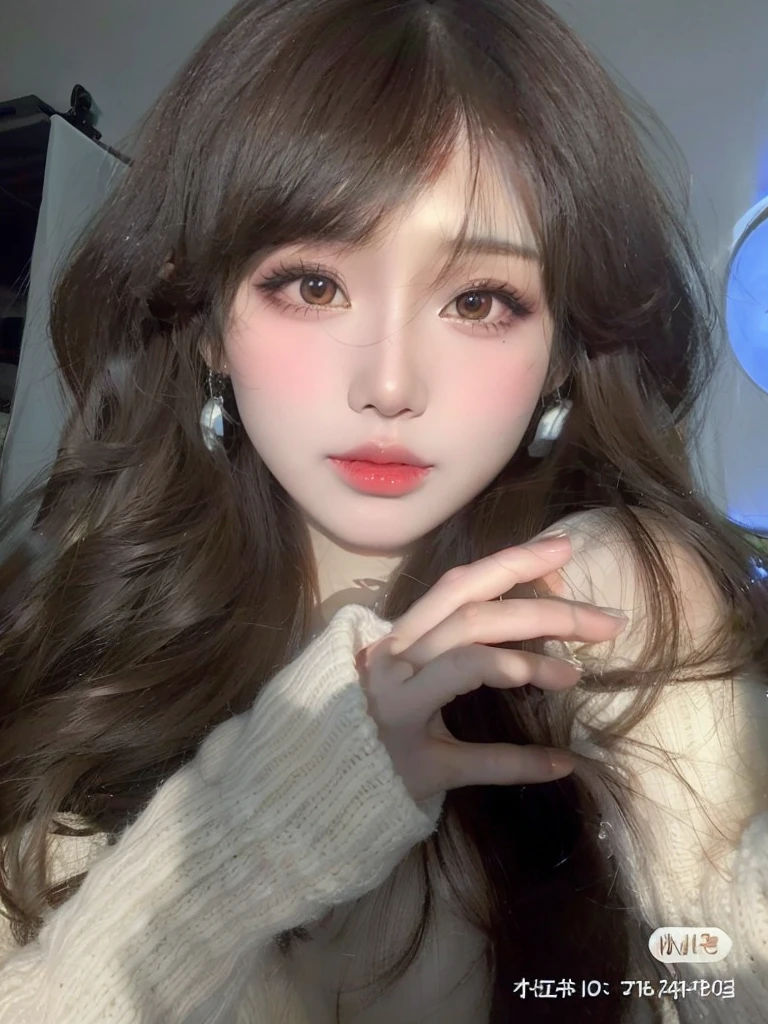 A close-up of a woman with long hair and a white sweater, ulzzang, Retrato realista kawaii, Cara linda clara, Sakimichan, Ojos grandes y cabello largo y suelto, muy hermosa linda catgirl, brown hair and large eyes, Dulce conejita ultrarrealista, con cabello largo y ojos penetrantes, Tendencias en CGVeStation, Articulated doll with ball, wonyoung ive, wonyoung izone