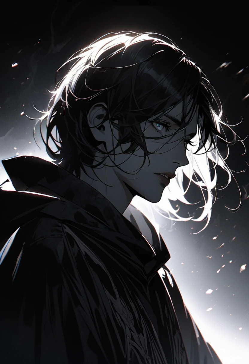a man with short black hair with smoky gray tips, beautiful detailed eyes, beautiful detailed lips, extremely detailed face, black shirt, black and white background, hood, dramatic lighting, cinematic, moody, high contrast, dark fantasy