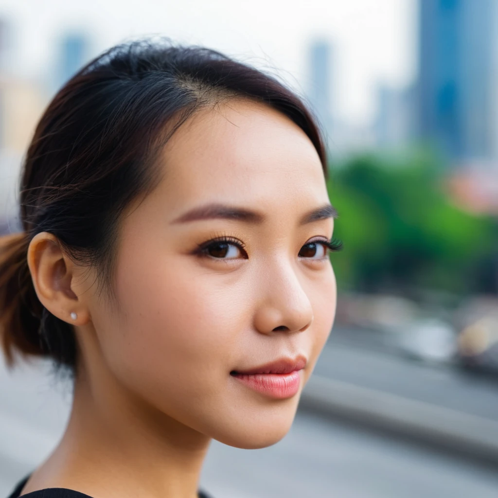 headshot photo of indonesian woman, side view, blurry city background