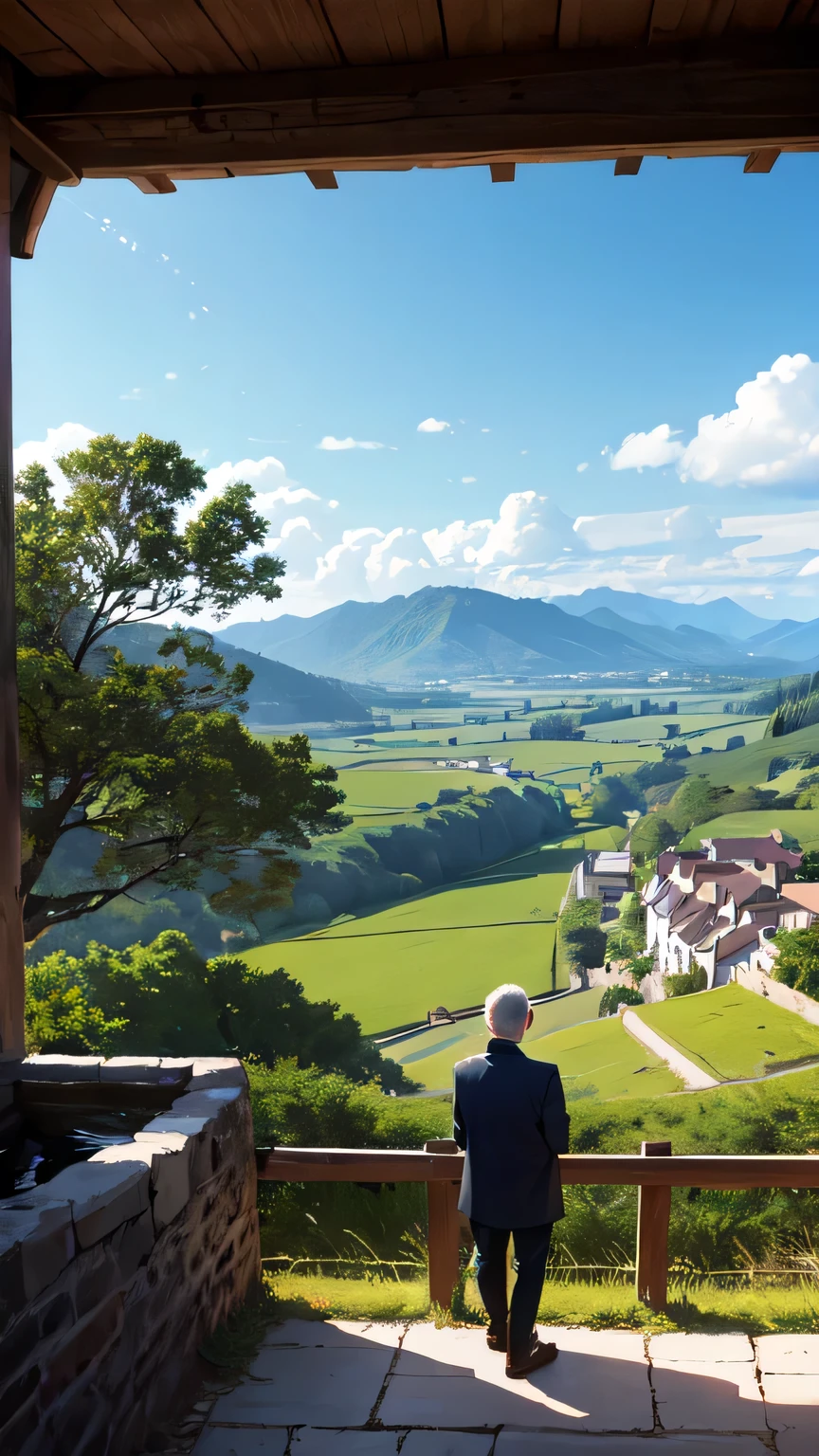 An old man stands on the edge of the terraced field,Gazing at the mountains in the distance,The foreground shows the layers and details of the terraces.,The middle ground is a waterwheel and working villagers,The distant view is blue sky and white clouds