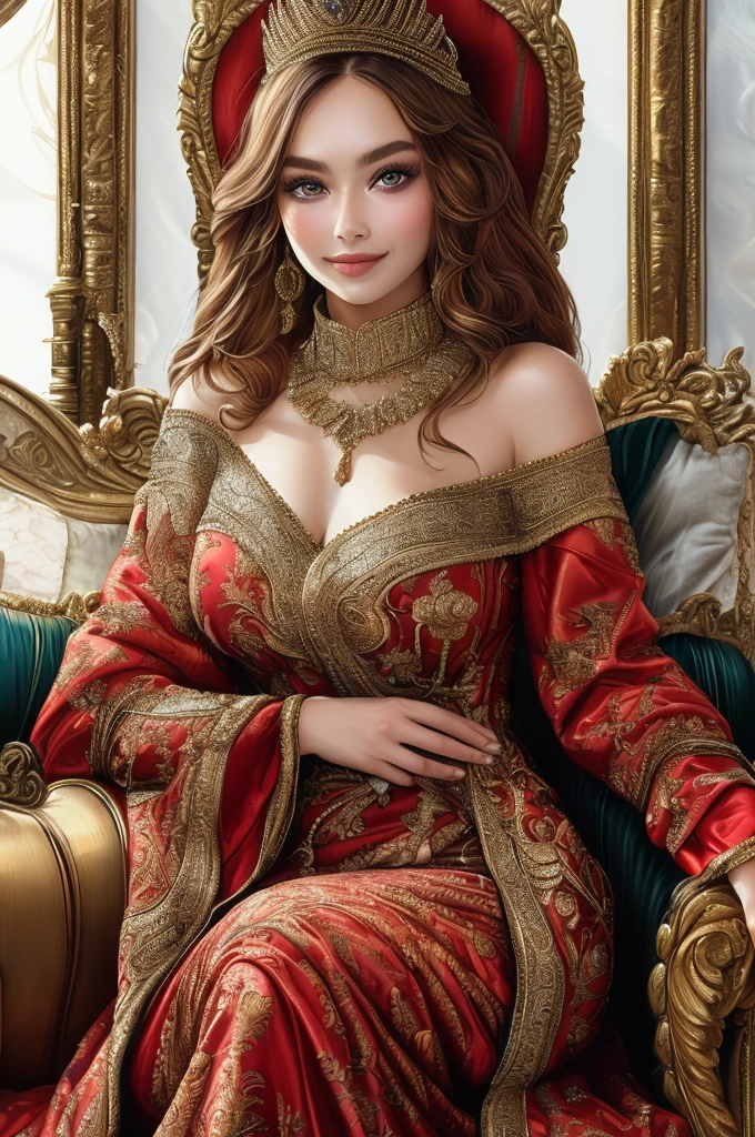 A beautiful, extremely beautiful girl, very luxurious, royal clothes, sitting on a carefully detailed sofa, clothes with very complex and luxurious details, sitting at a 25 degree angle, eyes centered on the camera, complex facial features, showing facial features and skin pores, innocent smile, wide eyes, Half body, showing the upper half of the body, Very luxurious queen clothes, Embroidered clothes with very luxurious details,