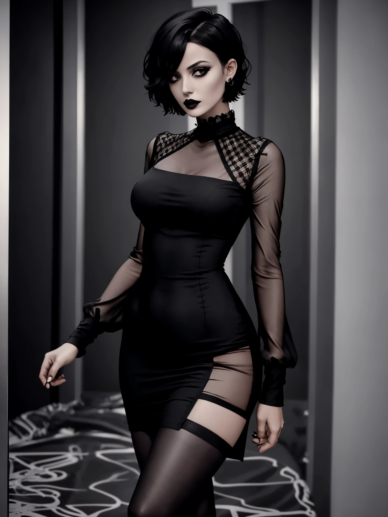 1girl, goth, black bodycon dress, mesh sleeves, short hair, messy hair, bedhead, tight dress, tight clothing, standing, looking at viewer, black eyes, black stockings, black lips, black lipstick, eyeliner, skinny, hourglass figure, wasp waisted