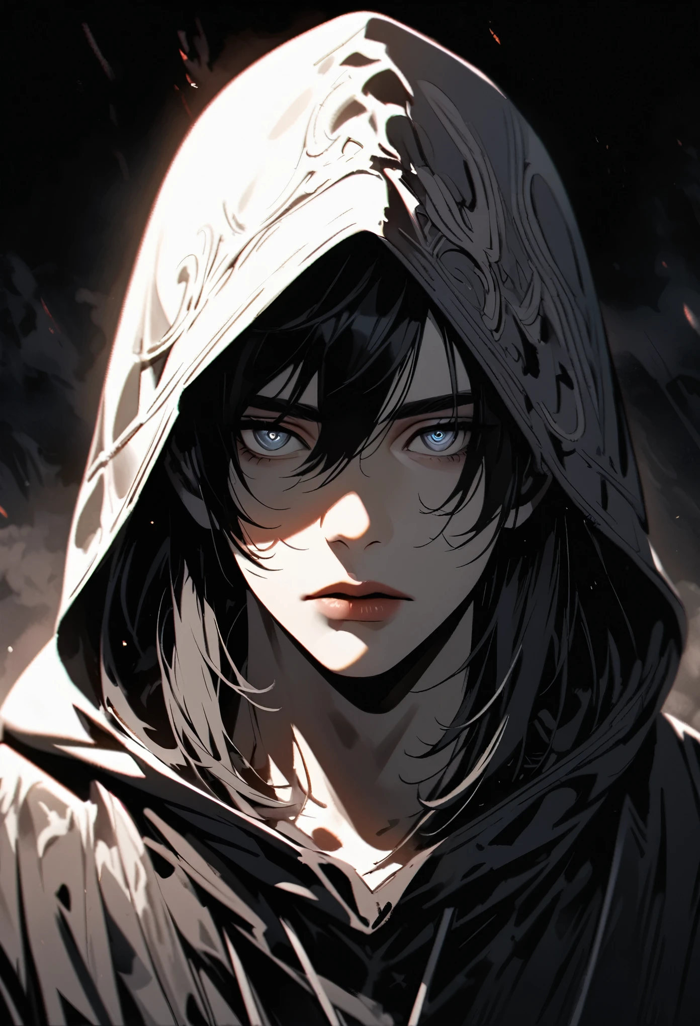 a man with short black hair with smoky gray tips, beautiful detailed eyes, beautiful detailed lips, extremely detailed face, black shirt, black and white background, hood, dramatic lighting, cinematic, moody, high contrast, dark fantasy