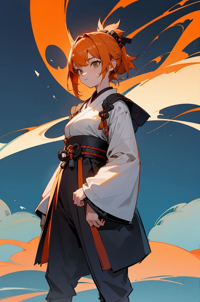 Teen , Female, samurai Clothing, Standing pose, Town background, Orange hair