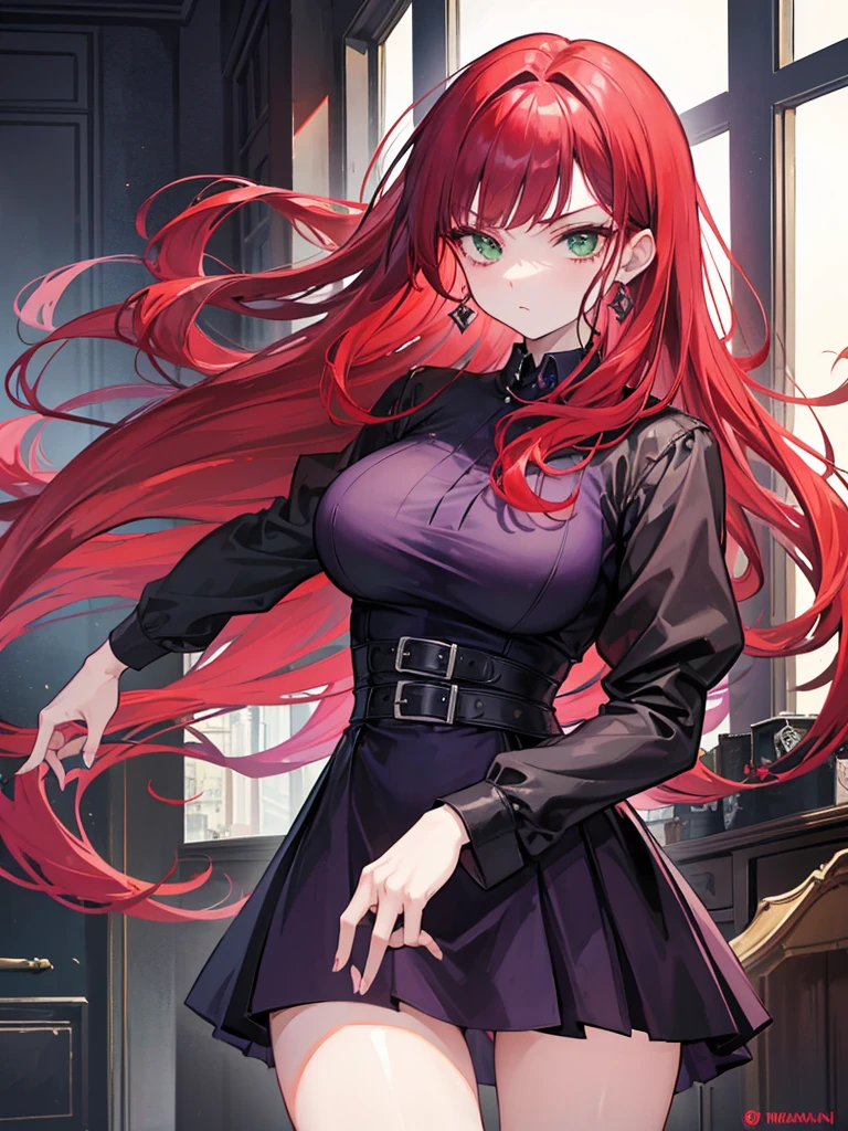 woman, green eyes, long red hair, bangs. she hair wavy. wear purple black dress, arrogant, independent woman, thug. bad girl. intimidating women. background in ballroom. mature woman. mafia.