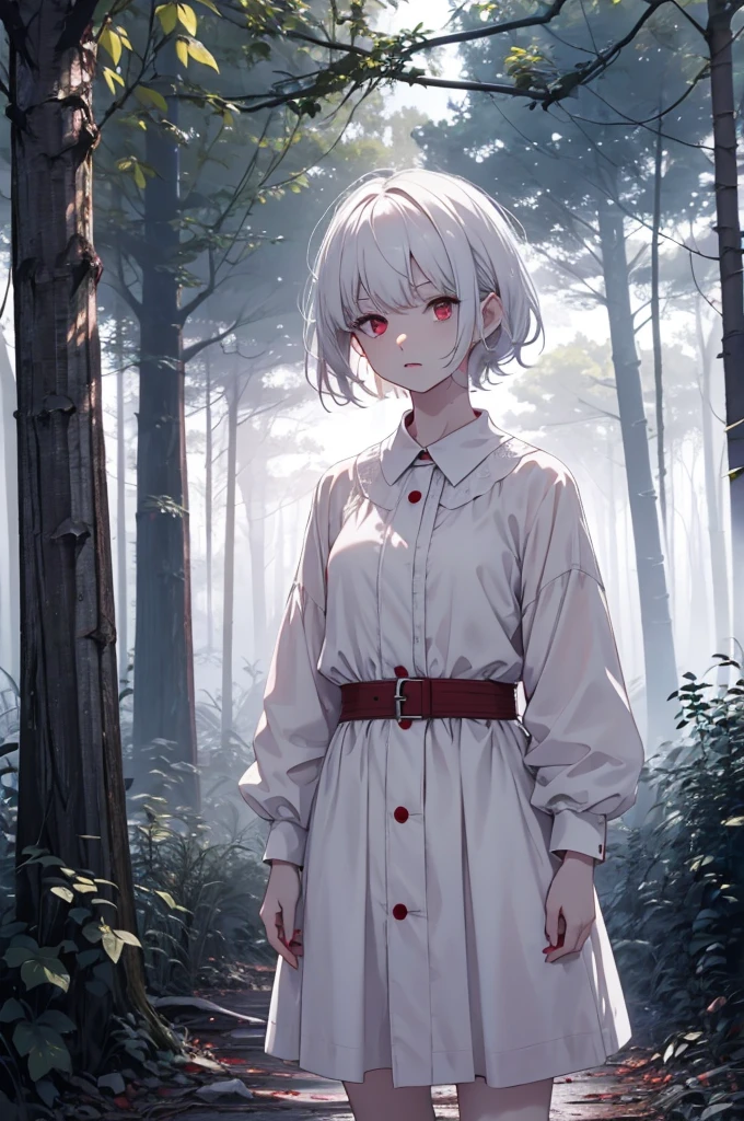 White skin Dark Background White Hair Red eyes Short Hair Night Forest Standing posture White dress Neutral Girl