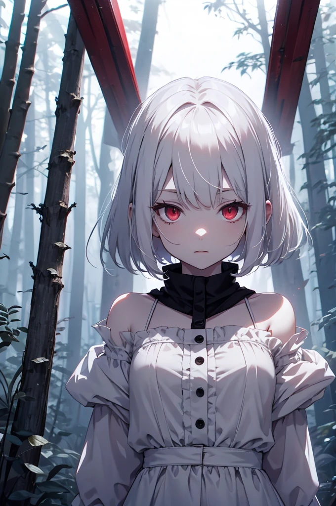White skin　Dark Background　　White Hair　Red eyes　Short Hair　Night Forest　Standing posture　White dress　　Neutral Girl