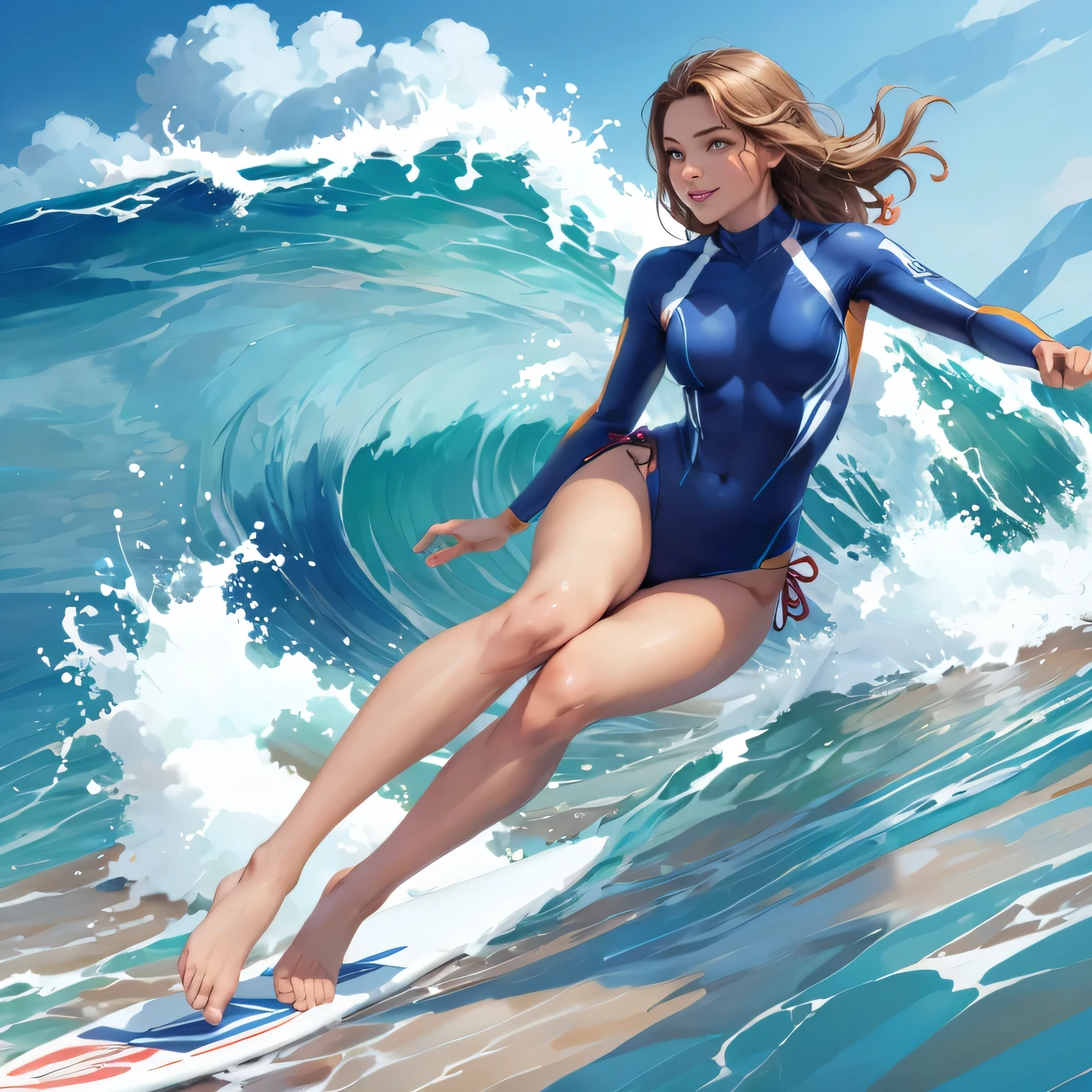 Beautiful girl with tanned skin, brown long hair, wearing a bikini, surfing a wave, standing on a surfboard. (1 Girl), (Full Body), Beautiful young face, innocent expression, smiling, ((Perfect face)), ((perfect hands)), natural light, beautiful lighting, beautiful colors, semi realistic style, ((Beautiful detailed eyes)), ((Beautifull detailed face)), (((Master piece, best quality, high resolution))) ((high detail)), ((High Definition))