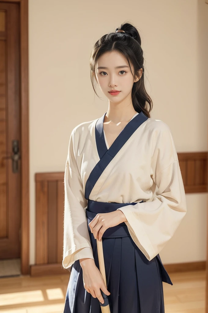(((best quality))),(((ultra detailed))),(((masterpiece))),illustration,1girl,solo,tonogui,short ponytail,slim,thin,small breasts,flat chest,white collar,white kendogi,three-quarter sleeves,maxi navy-blue kendo hakama,standing in kendo gym,(holding a bokuto:1.3),arms behind back,focused and determined expression,ready for challenge,slender and elegant face,confident and resilient,fair skin,blush,neat teeth,bright smile,clean and tidy uniform,wooden gym floor,wall,pine scent,standard grip,ready to slice through obstacles,strong belief,determination,spirit of resilience,admiring,from front,upper body,