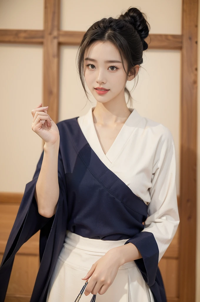 (((best quality))),(((ultra detailed))),(((masterpiece))),illustration,1girl,solo,tonogui,short ponytail,slim,thin,small breasts,flat chest,white collar,white kendogi,three-quarter sleeves,maxi navy-blue kendo hakama,standing in kendo gym,(holding a bokuto:1.3),arms behind back,focused and determined expression,ready for challenge,slender and elegant face,confident and resilient,fair skin,blush,neat teeth,bright smile,clean and tidy uniform,wooden gym floor,wall,pine scent,standard grip,ready to slice through obstacles,strong belief,determination,spirit of resilience,admiring,from front,upper body,