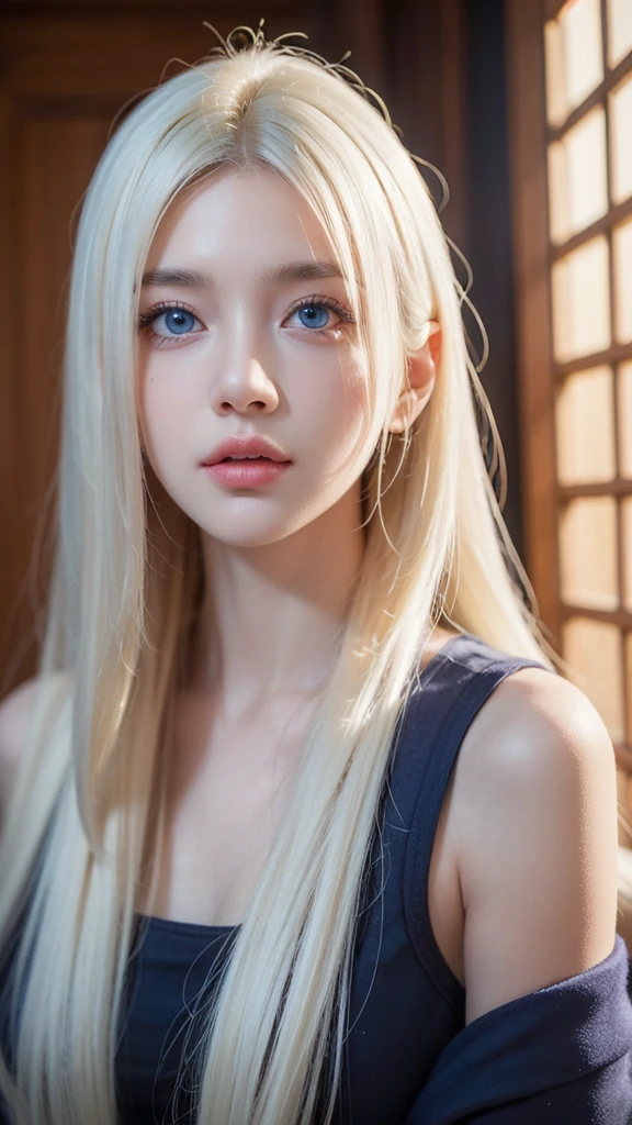 a beautiful detailed 1girl, extremely detailed eyes and face, long silky white hair, beautiful blue eyes, looking at viewer, realistic, photorealistic, photo-realistic, HDR, 8k, high quality, masterpiece, professional, ultra-detailed, vivid colors, studio lighting, physically-based rendering,Room background