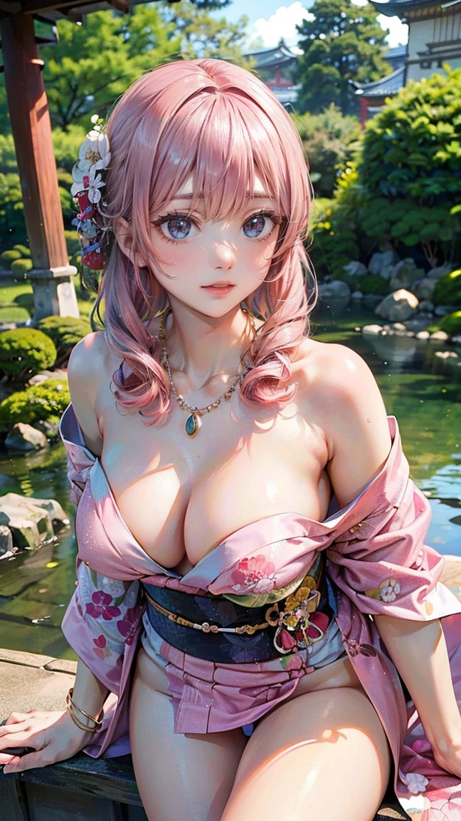 (Masterpiece, BestQuality:1.3), (ultra detailed:1.2), (hyperrealistic:1.3), (RAW photo:1.2), High detail RAW color photo, professional photograph, (Photorealistic:1.4), (realistic:1.4), (Pink Hair:1.5), professional lighting, perfect anatomy, (Big Breasts:1.2), (blush, detailed face), (A happy smile:1.7), Trending Hair&Trending Hairカラーをランダムに, earrings, necklace, bracelet, sexly, erotic sexly, Random sexy gravure poses, (In a Japanese-style garden、A woman in a kimono stands elegantly、Have a gentle smile。With upstyle hairstyles、One leg is put forward。:1.3)