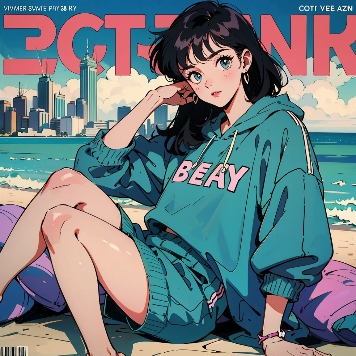 Best image quality, 1980s style animation, 21 year old girl, black hair, Permed hair, bright eyes,  Pretty Eyes, eye line, retro, With a baggy sweatshirt, magazine cover, whole body , city , evening in the park, posing, So sexy, so pretty. 짙은 eye line, ocean, Ocean, Summer Vacation