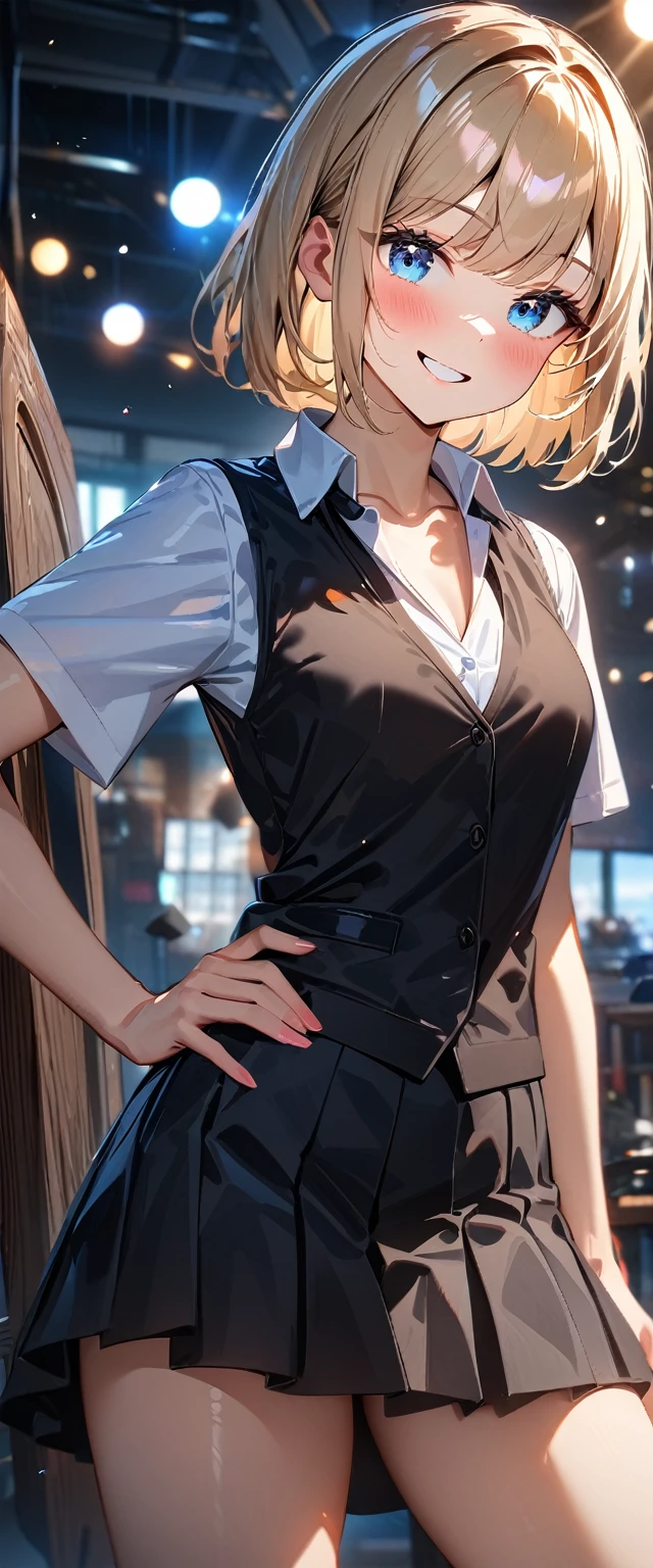 (((One girl))), blond hair, bob cut, (cowboy shot), (looking at viewer), ((open collar:1.3)), ((black tie under the waistcoat)), face in focus, teenager, head tilt:1.3, (((blue eye))), ((happy smile)), ((blush)), contrapposto, one hand on hip, school summer uniform, white shirts, skirt, black waistcoat, anime style, (best quality, 4k, 8k, highres, masterpiece:1.2, ultra-detailed, ultra-detailed eyes, HDR, UHD, studio lighting, ultra-fine painting, sharp focus, physically-based rendering, extreme detail description, professional, vivid colors, bokeh)