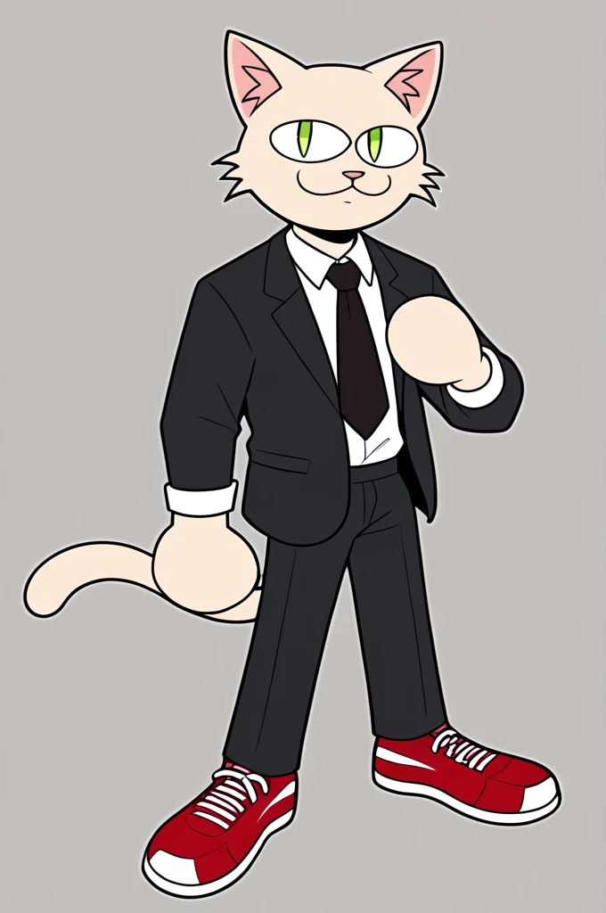 Furry, Solo Male, Tuxedo cat, pale-light green eyes, Light gray hat, dark red shirt, Black tie, Light gray tuxedo jacket, jacket sleeves rolled up, Black trousers, Red sneakers